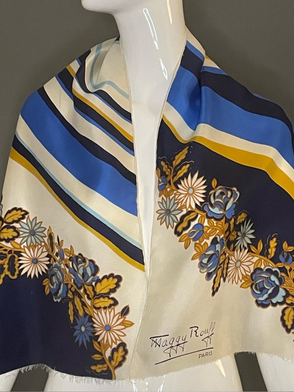 Vintage Maggy Rouff Blue Florals Silk Scarf 15 x 44 Fair Condition - Picture 2 of 7